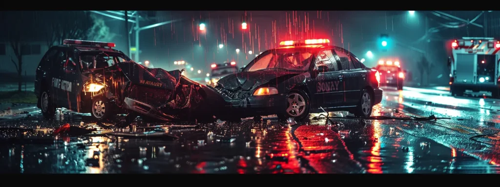 a dramatic scene of a car accident aftermath, showcasing two tangled vehicles on a rain-soaked road, illuminated by the flashing lights of emergency responders, symbolizing the complex dynamics of comparative negligence in auto accidents.