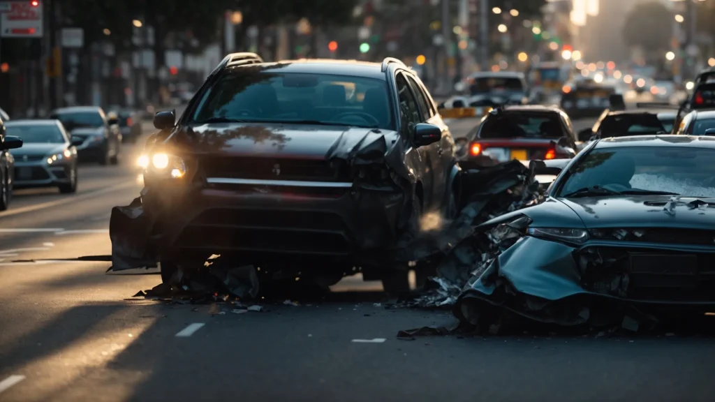 a dramatic scene of a rear-end collision on a busy california street, showcasing crumpled vehicles against a backdrop of blurred traffic, highlighting the urgency for timely legal action and evidence gathering.