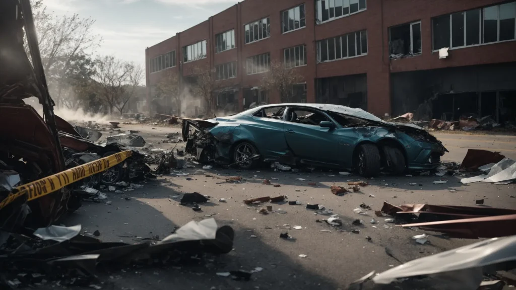 a dramatic scene unfolds at a car accident site, where a twisted vehicle lies amidst shattered glass and debris, symbolizing the urgent consequences of automotive defects on liability and justice.