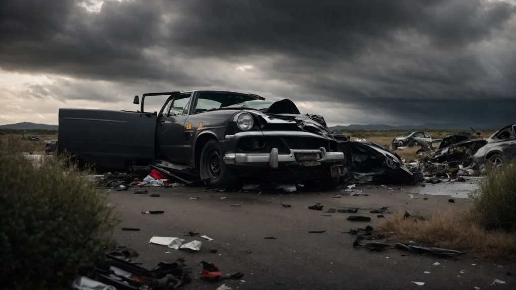 a dramatic scene unfolds at a chaotic car crash site, with an attorney meticulously examining scattered debris and engaging with law enforcement under a moody overcast sky, highlighting the critical role of legal representation in establishing fault.