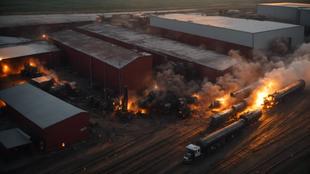 a dramatic scene unfolds at a machinery accident site, where emergency services are responding with urgency under vivid early morning light, highlighting the chaos and critical need for clear communication amidst the backdrop of industrial machinery.