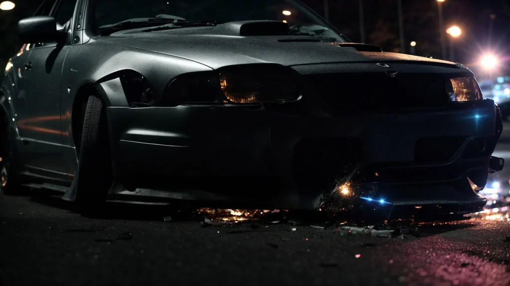 a dramatic scene unfolds at the site of a recent car accident, showcasing twisted metal and shattered glass under the harsh glare of flashing police lights, embodying the urgency of timely reporting and the weight of miscommunication in establishing fault.