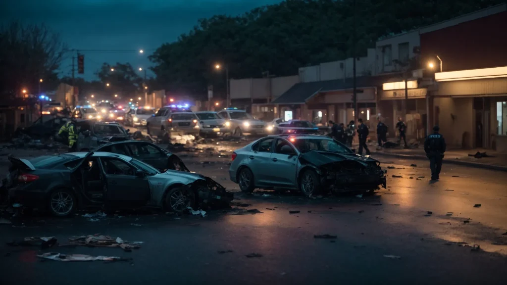 a dramatic, somber scene captures the aftermath of a car accident at dusk, with crumpled vehicles and a glowing police car's lights illuminating the chaos as officers gather crucial evidence in the fading light.
