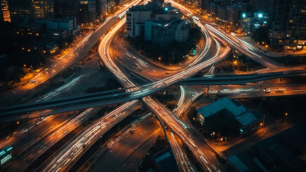 a dramatic urban intersection at dusk, illuminated by vibrant traffic signals, showcasing cars navigating a complex web of roadways amidst the reflective glow of city lights, symbolizing the intricate relationship between traffic laws and accident liability.