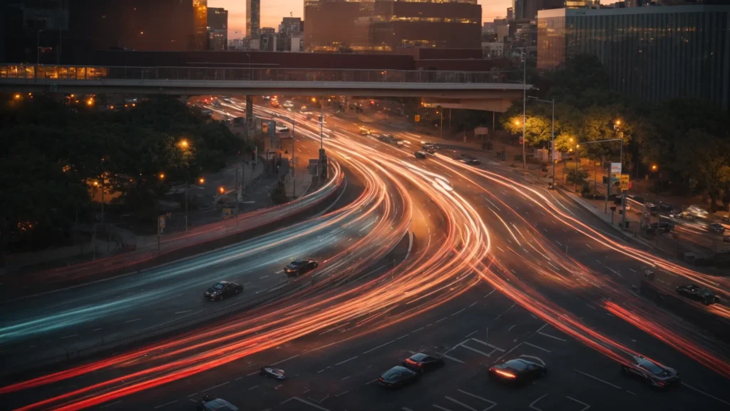a dramatic urban intersection at dusk, showcasing a vibrant array of vehicles in motion, while illuminated traffic signs and streetlights set a reflective mood, symbolizing the complex interplay of traffic laws and the potential dangers of car accidents.