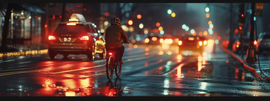 a dramatic urban scene captures a speeding vehicle running a red light, with vibrant city lights reflecting the urgency of the moment while a cyclist waits perilously at the intersection.