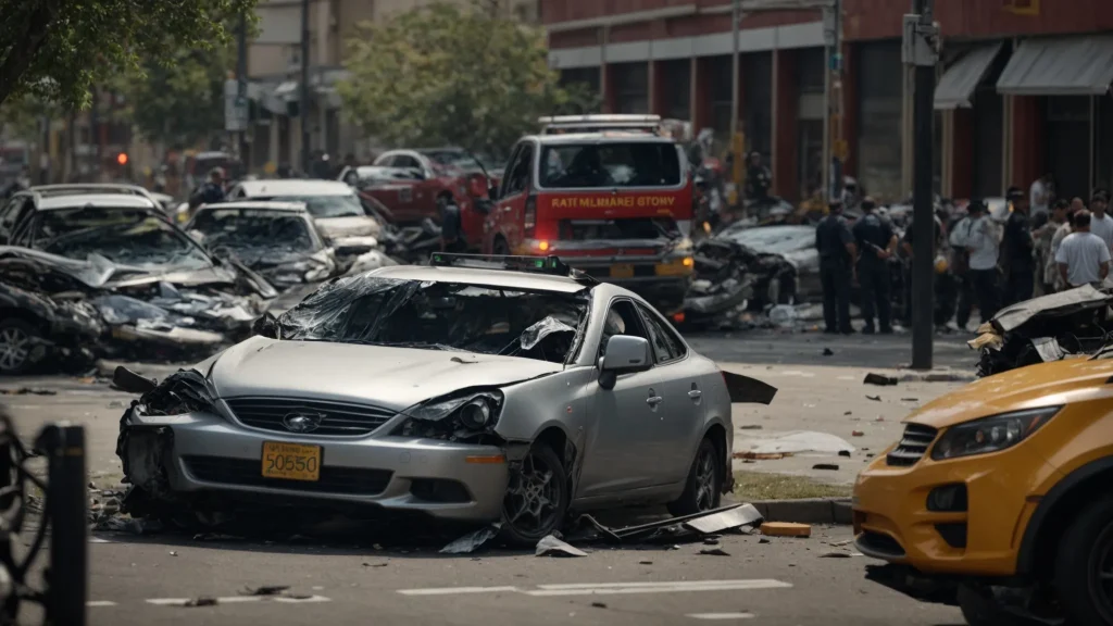 a dramatic urban scene captures a crumpled car after a traffic accident, surrounded by emergency responders and concerned onlookers, highlighting the serious consequences of traffic violations and the complexities of civil liability.