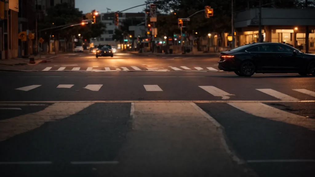 a dramatic urban scene captures a deserted crosswalk at dusk, illuminated by the glow of streetlights, with a blurred silhouette of a reckless driver speeding past, symbolizing the urgent need for pedestrian safety amidst negligent behavior.