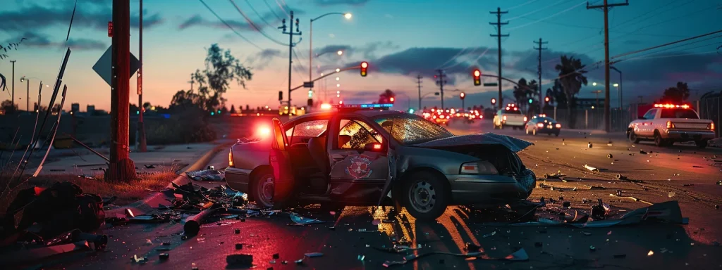 a dramatic car crash scene at dusk, illuminated by flashing emergency lights, surrounded by scattered debris and essential evidence markers, encapsulating the critical moment of justice in auto accident investigations.