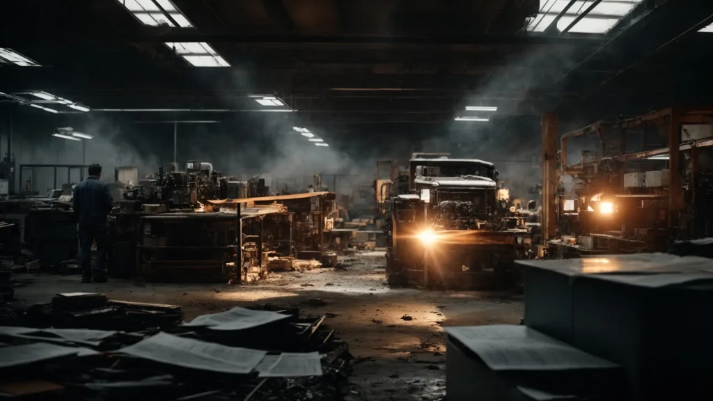 a dramatic workplace scene captures the aftermath of a machinery-related injury, highlighting the stark contrast between the industrial environment and the emotional toll on an injured employee, surrounded by medical expense documents under harsh overhead lights.