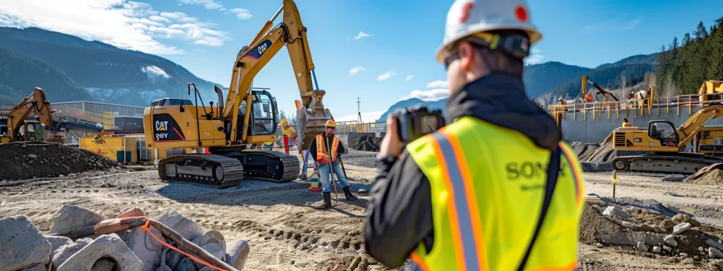 a dynamic construction site bustling with heavy machinery, where safety inspectors diligently assess equipment hazards under bright, clear skies, emphasizing the importance of workplace safety.