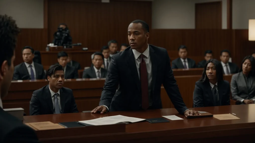 a dynamic courtroom scene captures the tense atmosphere of a legal negotiation, with a focused attorney presenting compelling evidence to a diverse jury, illuminated by dramatic overhead lighting that emphasizes the stakes involved in the comparative negligence case.