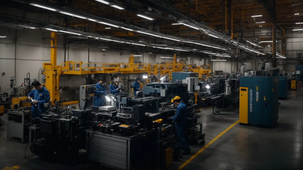 a dynamic industrial maintenance workshop featuring technicians diligently working on advanced machinery, surrounded by organized equipment checklists, illuminated by bright overhead lights to emphasize a culture of proactive preventive maintenance.