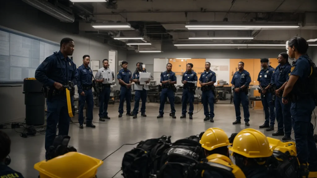 a dynamic scene captures a diverse group of employees engaged in an interactive emergency response training session, illuminated by bright overhead lights, highlighting their focused expressions as they learn crucial safety protocols amidst a backdrop of safety equipment and clear instructional materials.