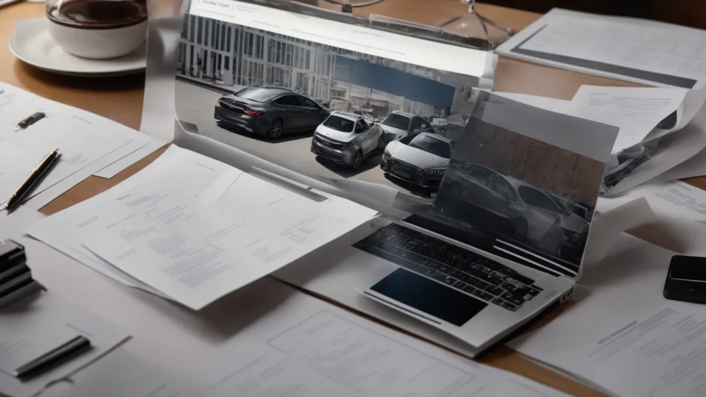 a dynamic scene capturing a car accident lawyer in an office, confidently reviewing detailed accident diagrams and evidence, illuminated by soft overhead lighting to emphasize a sense of professionalism and clarity in the legal process.