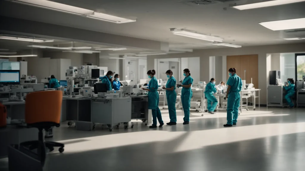 a dynamic scene capturing a team of medical professionals collaborating with emergency responders in a bustling workplace, highlighting their coordinated efforts in providing swift and effective medical care.