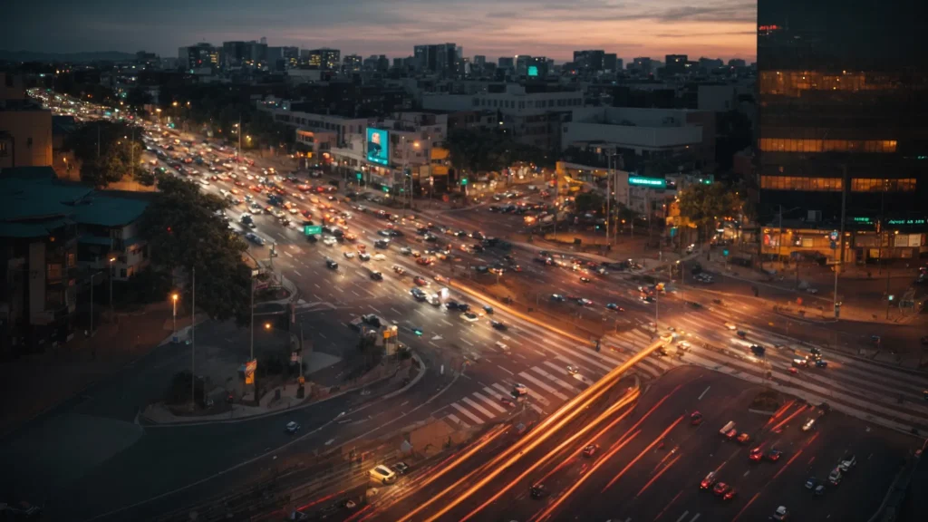 a dynamic scene of a busy urban intersection at dusk, illuminated by vibrant traffic lights and bustling vehicles, captures the essence of essential traffic laws affecting accident claims and the importance of understanding liability in a modern context.