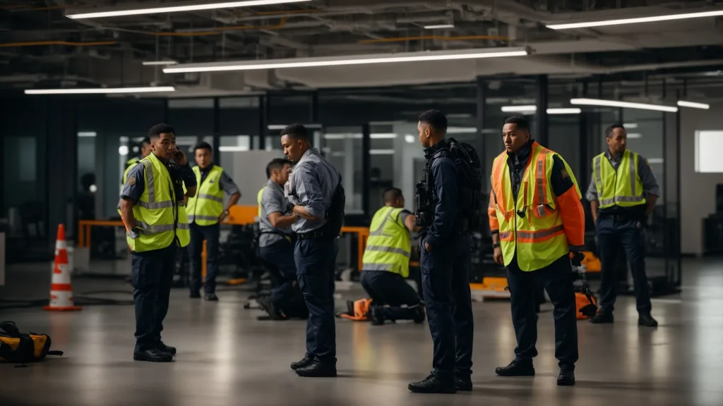 a dynamic training session in a modern workplace, featuring employees engaged in a hands-on emergency response drill, illuminated by bright overhead lights that enhance the urgency and focus on safety awareness.