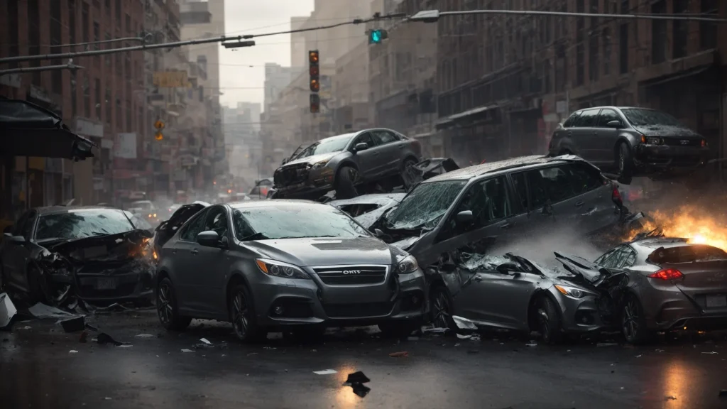 a dynamic urban scene captures the tension of a car accident involving multiple vehicles, reflecting the chaos of insurance claims with shattered glass and scattered debris under moody, overcast lighting.