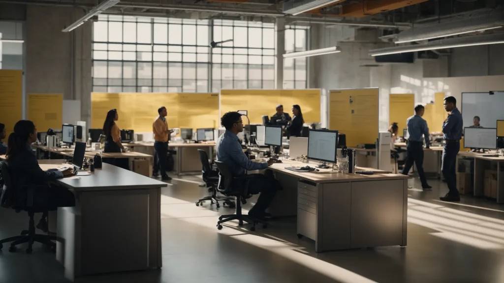 a dynamic workplace setting showcases a diverse group of employees actively engaged in a safety training session, surrounded by informative posters and safety equipment, all illuminated by bright, natural light to emphasize the importance of a secure and compliant environment.