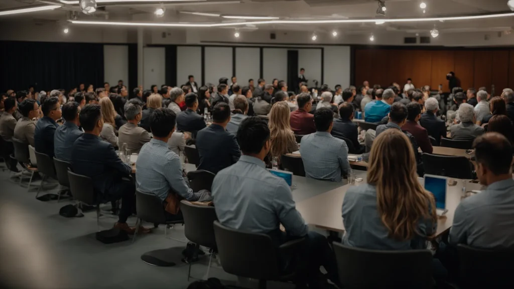 a dynamic workshop setting filled with engaged participants intently listening to a knowledgeable speaker, illuminated by soft, warm lighting that highlights the exchange of valuable insights on navigating car insurance claims.
