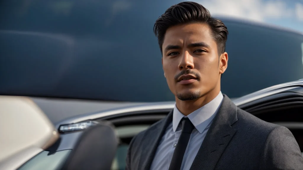 a focused and determined individual stands in front of a modern car with a backdrop of a clear blue sky, holding a clipboard and pen, symbolizing the empowerment of confidently navigating the insurance claims process after an accident.