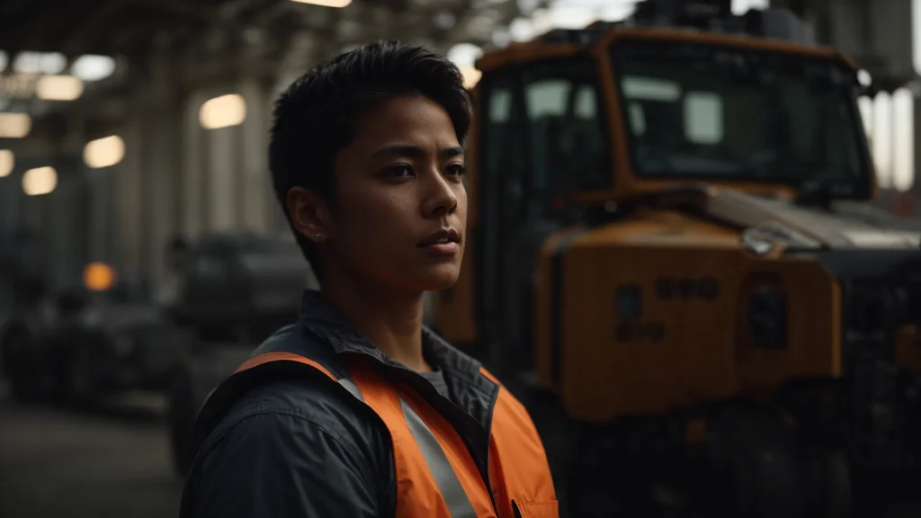 a focused and dynamic scene captures a determined worker standing confidently in front of heavy machinery, symbolizing resilience and empowerment in navigating the complex landscape of insurance and compensation claims.