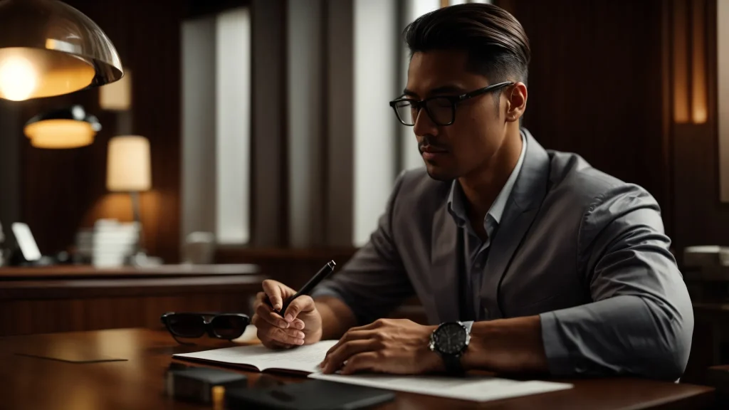 a focused client sits at a polished wooden table, surrounded by neatly organized legal documents and a notepad, illuminated by soft, warm lighting that conveys a sense of preparation and determination for a productive consultation with a crash lawyer.
