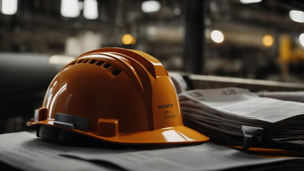 a focused close-up of a hard hat resting on a safety report amidst industrial machinery, illuminated by soft afternoon light, symbolizing the essential protection and awareness surrounding workers' compensation coverage in the workplace.