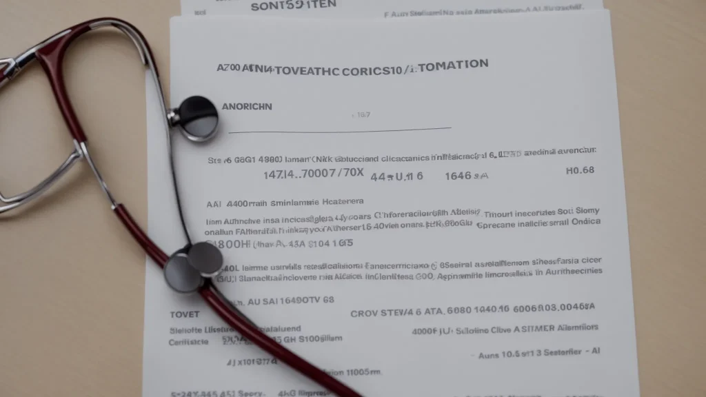 a focused close-up of an open health insurance policy with highlighted sections on coverage, alongside a stethoscope and medical bills, illuminated by soft, warm lighting to symbolize clarity and understanding in navigating healthcare finances.