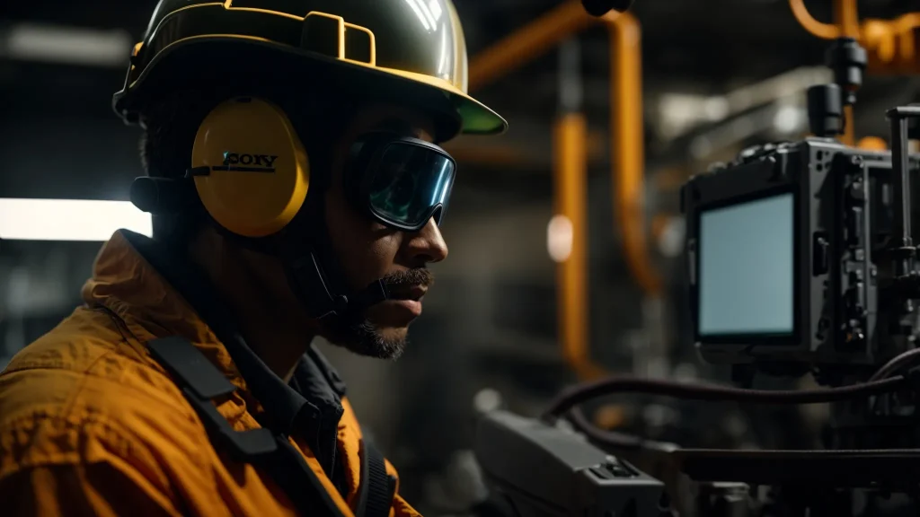 a focused composition showcasing a well-equipped machine operator in a vibrant industrial setting, adorned with essential protective gear such as a hard hat, gloves, safety goggles, and steel-toed boots, illuminated by natural light to emphasize the importance of workplace safety.