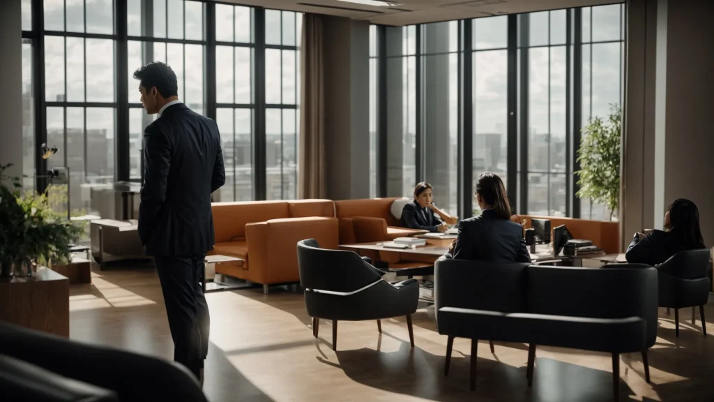 a focused consultation between a client and a crash lawyer unfolds in a modern office, illuminated by soft, natural light filtering through large windows, emphasizing the serious discussion of legal strategies and objectives related to a pedestrian accident.
