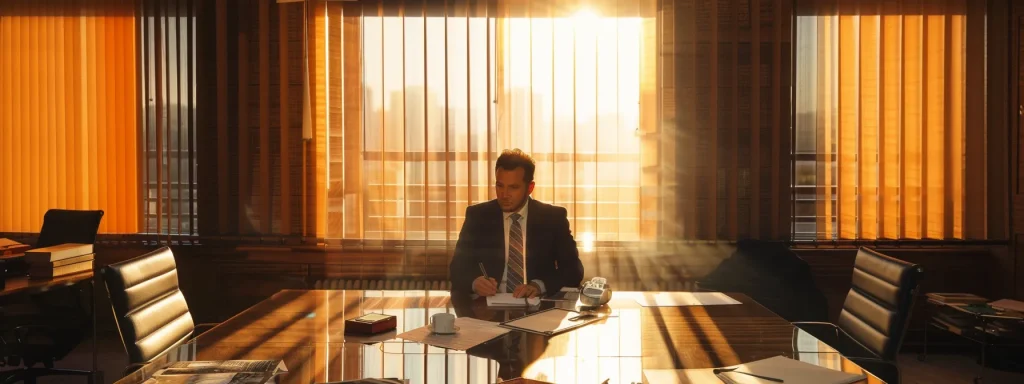 a focused consultation room illuminated by soft, natural light, featuring a lawyer attentively engaging with a client across a polished wooden table, surrounded by legal documents and notes that convey a sense of seriousness and preparation.