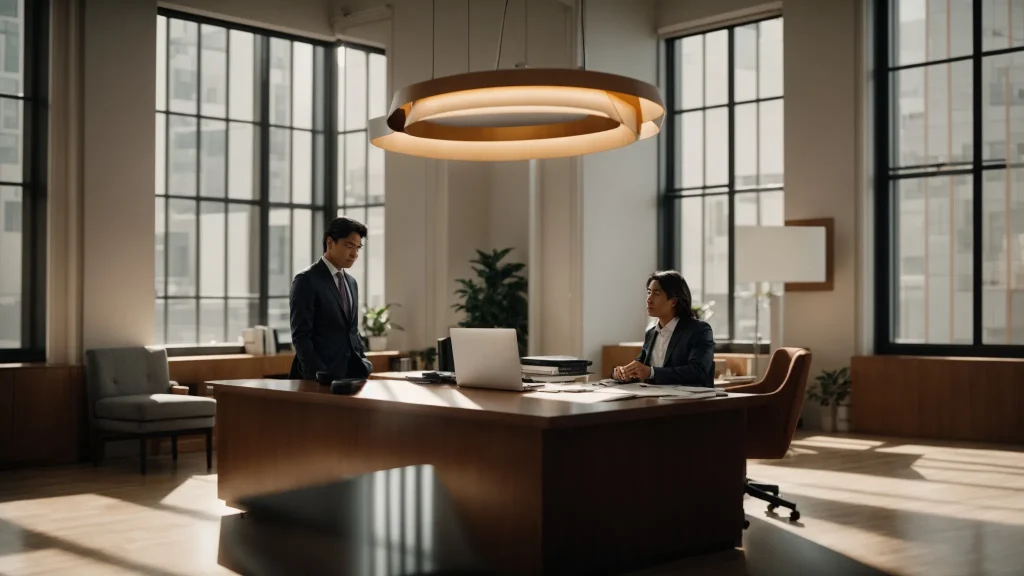 a focused crash attorney converses with a client in a well-lit office, surrounded by legal documents and a sense of reassurance, capturing the essence of trust and expert guidance in personal injury representation.