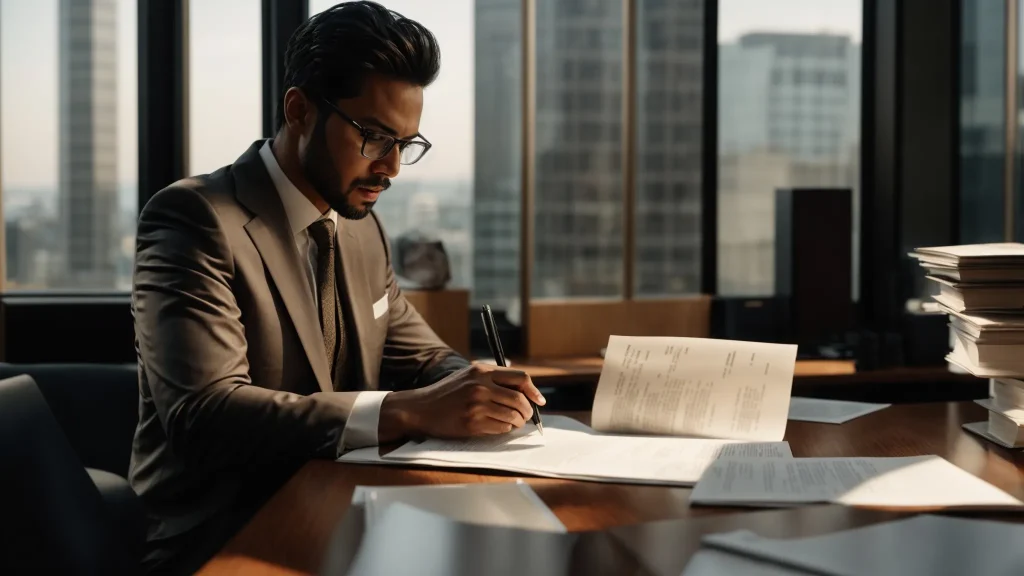a focused, determined lawyer reviews extensive legal documents in a modern seattle office, bathed in natural light, symbolizing the pursuit of justice for car accident victims.