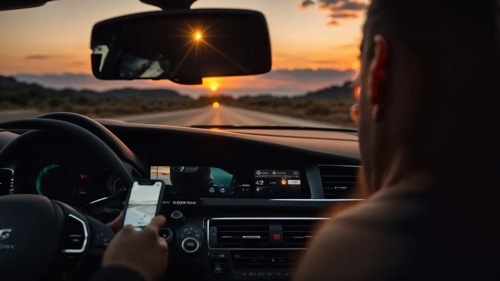 a focused driver maintains complete attention on the open road, with a vibrant sunset in the background and a smartphone out of reach, embodying the essence of safe and distraction-free driving practices.