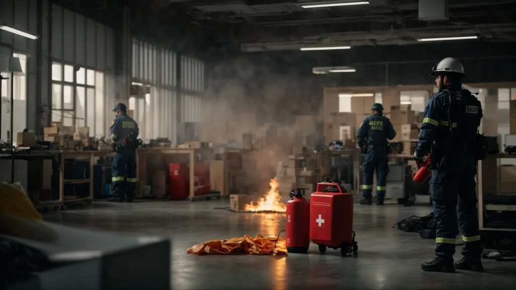 a focused emergency response team equips a brightly lit, organized workplace with safety measures, including a prominently displayed first aid kit and a fire extinguisher, while conducting a risk assessment amidst potential injury scenarios.