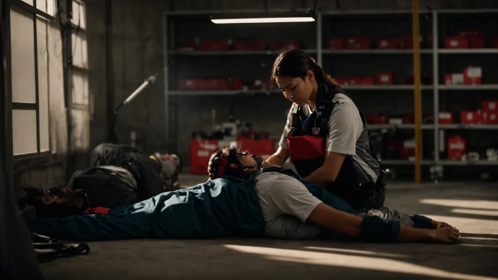 a focused first aid scene featuring a confident rescuer administering prompt care to an injured worker beside industrial machinery, with a dramatic play of light highlighting the urgency of effective first aid techniques.