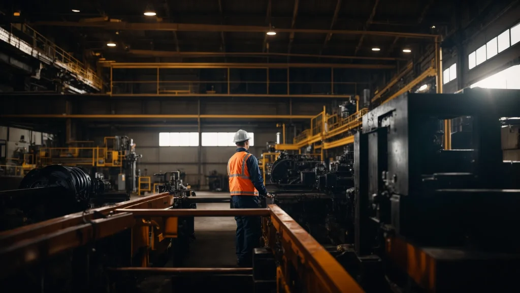 a focused, high-contrast image of a safety officer inspecting a complex industrial machine in a well-lit factory setting, emphasizing the themes of risk assessment and workplace safety.