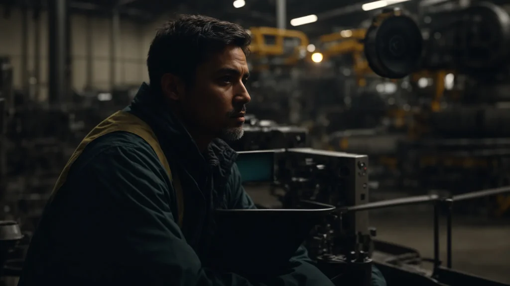 a focused image captures a weary worker seated in a dimly lit factory, surrounded by heavy machinery, with a look of contemplation as charts of lost income and employment opportunities ominously hover in the background, symbolizing the financial strain of machinery-related injuries.