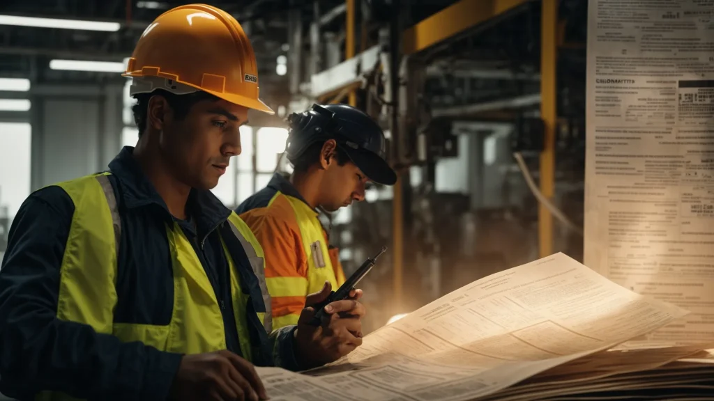 a focused image of a determined worker in a hard hat, scrutinizing documents related to a machinery injury claim, with a backdrop of safety posters and tools symbolizing the complexities of the workers' compensation process.