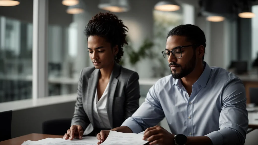 a focused image of a serious professional analyzing insurance documents in a modern office, illuminated by soft natural light filtering through large windows, symbolizing the critical evaluation of workers' compensation and liability policies after machinery-related injuries.