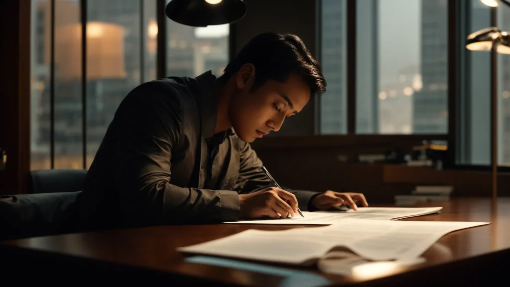 a focused individual sits at a desk, meticulously reviewing car accident insurance settlement papers under warm, diffuse lighting, conveying the importance of careful consideration and preparation in navigating the claims process.