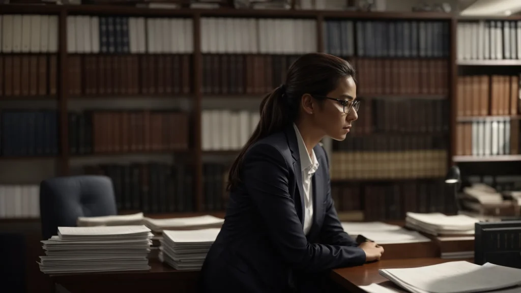 a focused lawyer stands confidently in a well-lit office, surrounded by case files and legal documents, engaging intently with a concerned client about strategic approaches to a car accident case.