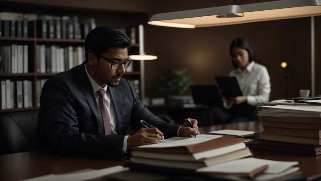 a focused, professional attorney consults with a concerned client in a modern office, surrounded by legal books and documents, emphasizing trust and expertise in navigating the complexities of insurance claims after a disaster.