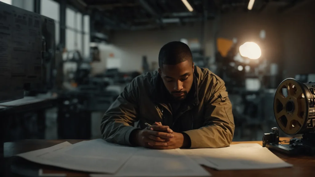 a focused representation of an injured worker contemplating their path to recovery, surrounded by symbolic elements of machinery and paperwork that signify the complexities of navigating workers' compensation benefits.