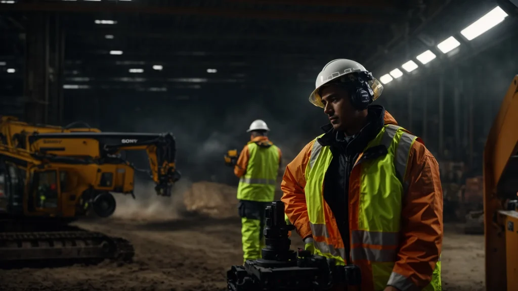 a focused scene captures a safety officer wearing protective gear urgently assessing an injured worker beside heavy machinery, emphasizing the critical moments of response and care in an industrial setting.