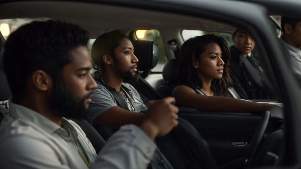 a focused scene depicting a diverse group of drivers engaged in a traffic school session, illuminated by warm classroom lighting, showcasing attentive expressions as they learn about safety measures and legal rights.