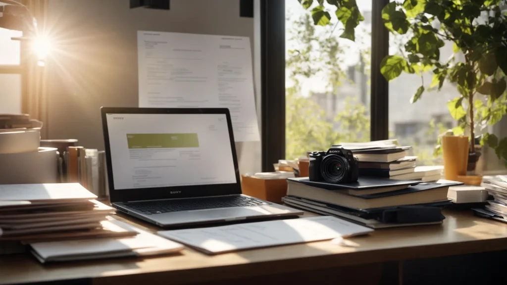 a focused scene of a well-organized workspace, showcasing a neatly stacked pile of documentation, an open insurance policy, and a laptop displaying a detailed claim summary, illuminated by soft, natural light filtering through a nearby window.