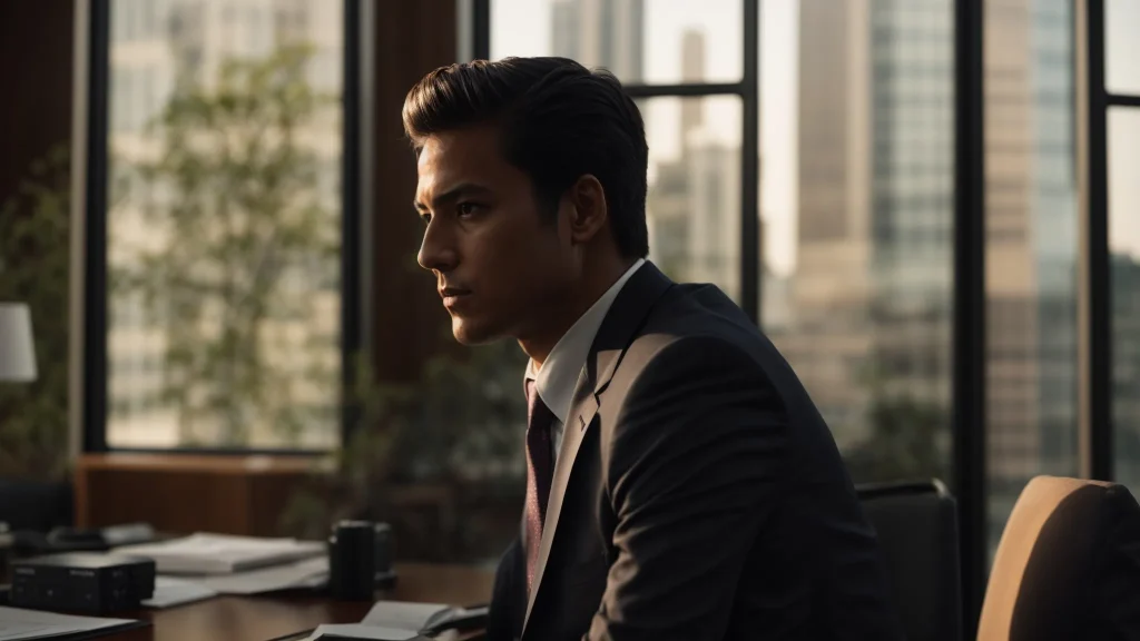 a focused shot of a determined attorney engaged in a strategic discussion with a client in a modern office, illuminated by warm natural light filtering through large windows, symbolizing trust and effective communication in the pursuit of justice.